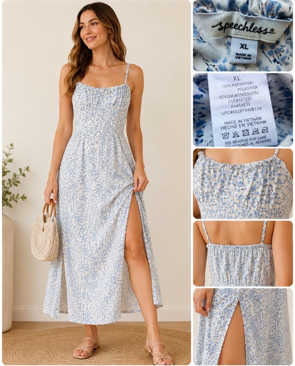 Coastal Speechless Women's Slit Maxi Dress Size XL Blue Floral